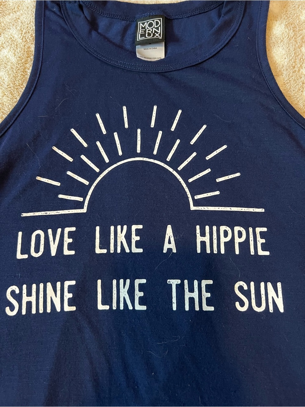 Modern Lux Navy Tank Top with White Sun Graphic & 'Love Like A Hippie' Text